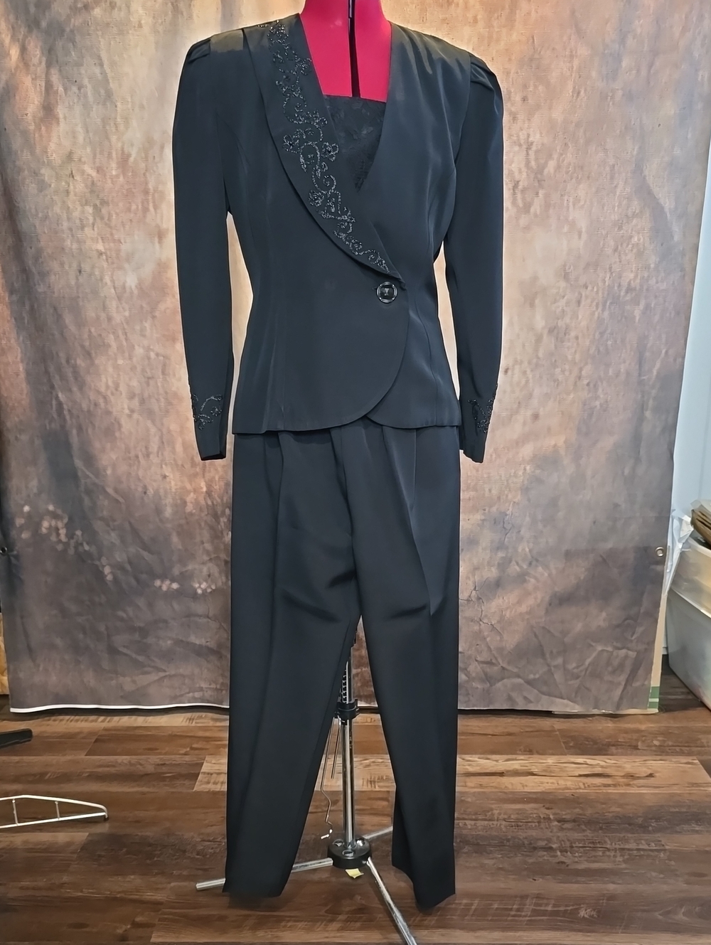 Classic Black Women's Two-Piece Suit with Embroidered Lapel by Jeffrey&Dara